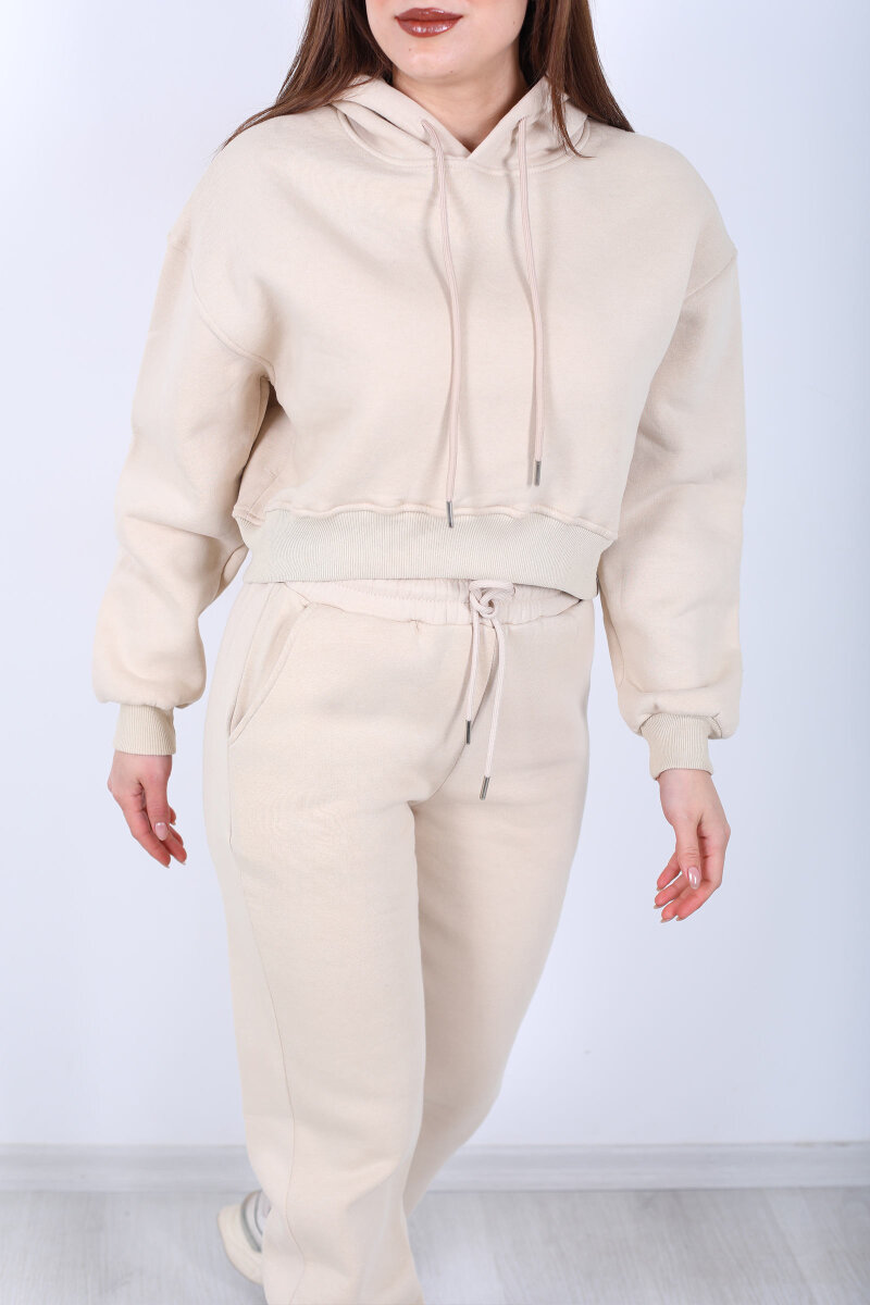 Beli Lastikli Kapüşonlu Üç İplik Taş Rengi Kadın Sweat Takım - 2