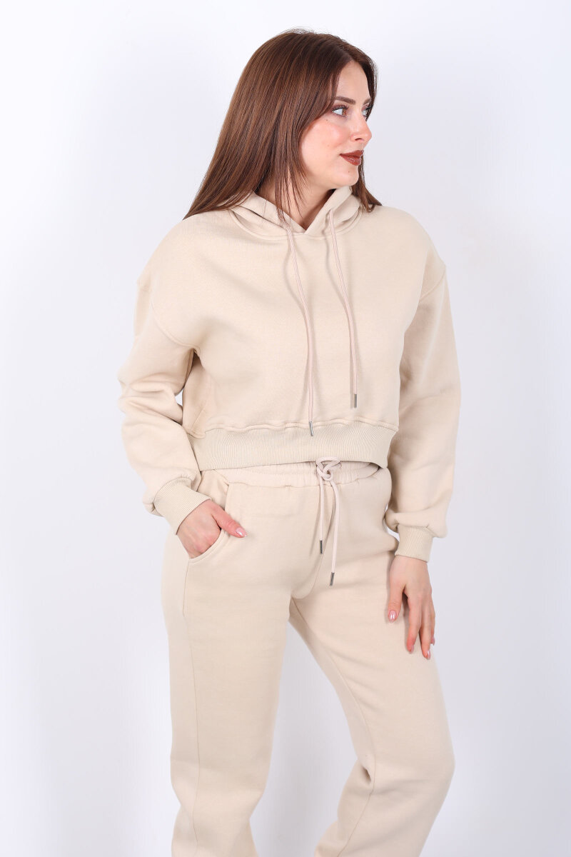 Beli Lastikli Kapüşonlu Üç İplik Taş Rengi Kadın Sweat Takım - 4