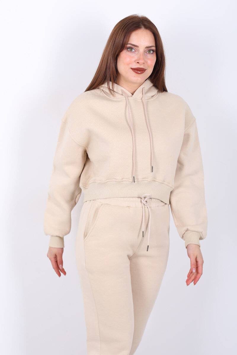 Beli Lastikli Kapüşonlu Üç İplik Taş Rengi Kadın Sweat Takım - 1