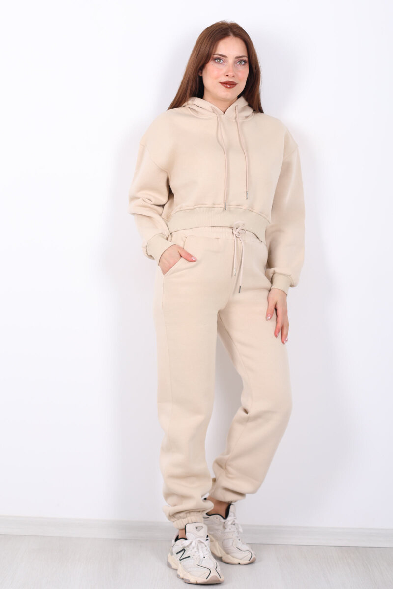 Beli Lastikli Kapüşonlu Üç İplik Taş Rengi Kadın Sweat Takım - 3