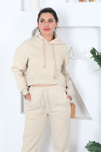 Beli Lastikli Kapüşonlu Üç İplik Taş Rengi Kadın Sweat Takım - 3