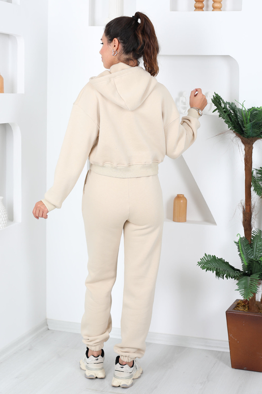 Beli Lastikli Kapüşonlu Üç İplik Taş Rengi Kadın Sweat Takım - 4