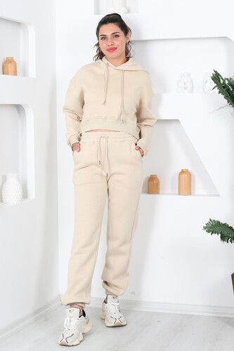 Beli Lastikli Kapüşonlu Üç İplik Taş Rengi Kadın Sweat Takım - Berox (1)