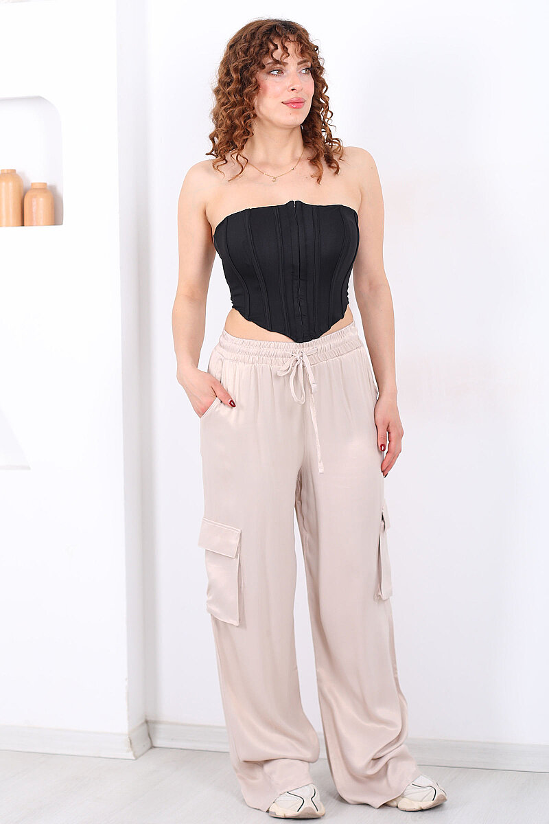 Beli Lastikli Kargo Cepli Bej Kadın Saten Pantolon - 3
