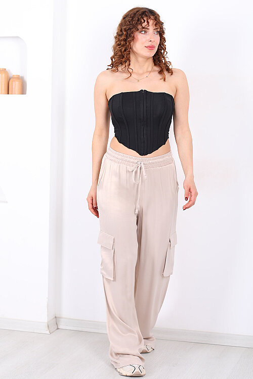 Beli Lastikli Kargo Cepli Bej Kadın Saten Pantolon - Berox