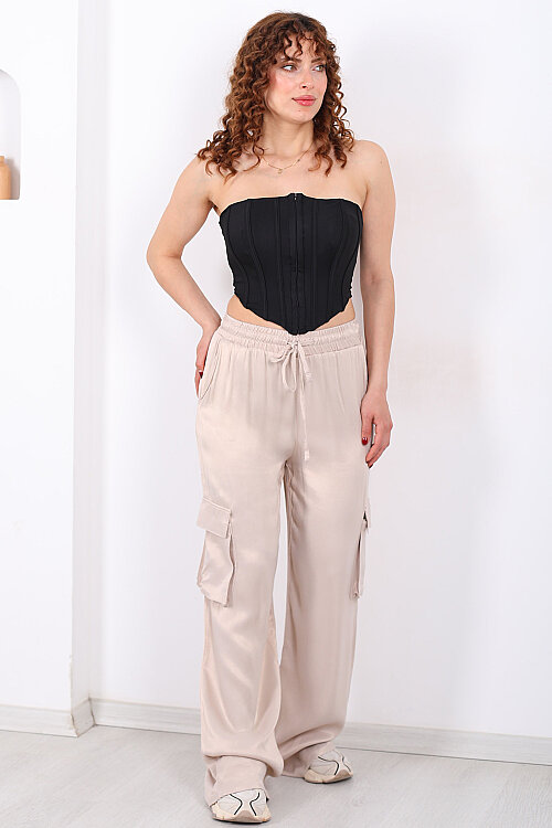 Beli Lastikli Kargo Cepli Bej Kadın Saten Pantolon - 6