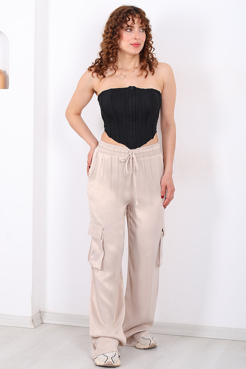 Beli Lastikli Kargo Cepli Bej Kadın Saten Pantolon - 6