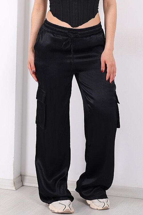 Beli Lastikli Kargo Cepli Siyah Kadın Saten Pantolon - Berox (1)