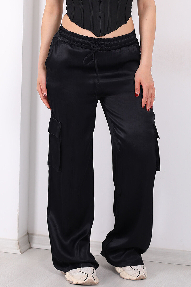 Beli Lastikli Kargo Cepli Siyah Kadın Saten Pantolon - 2