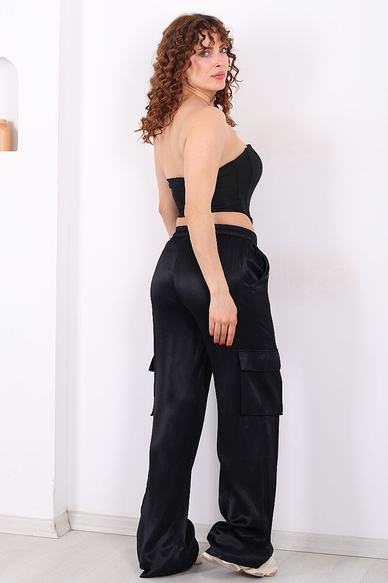 Beli Lastikli Kargo Cepli Siyah Kadın Saten Pantolon - 5