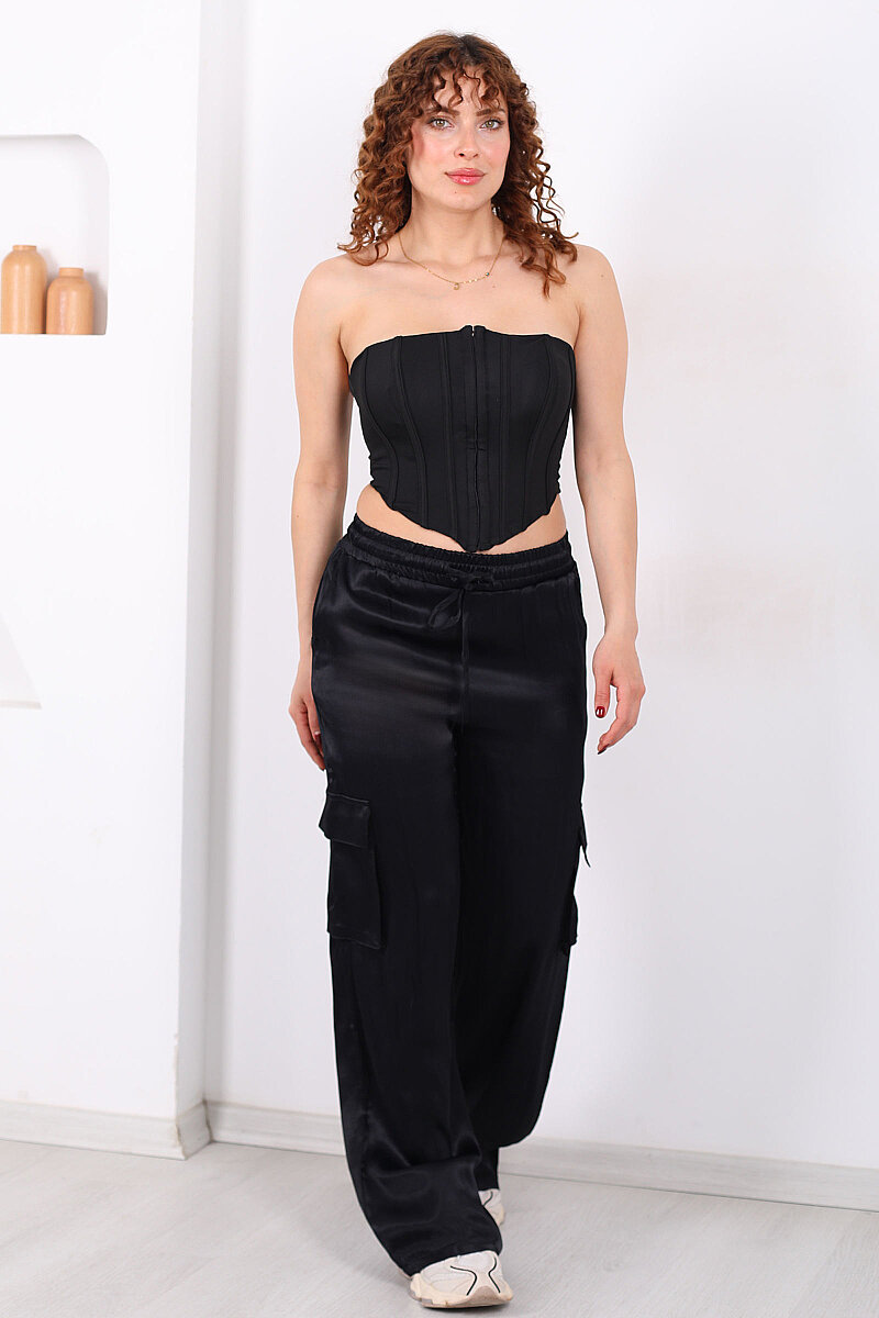 Beli Lastikli Kargo Cepli Siyah Kadın Saten Pantolon - 4