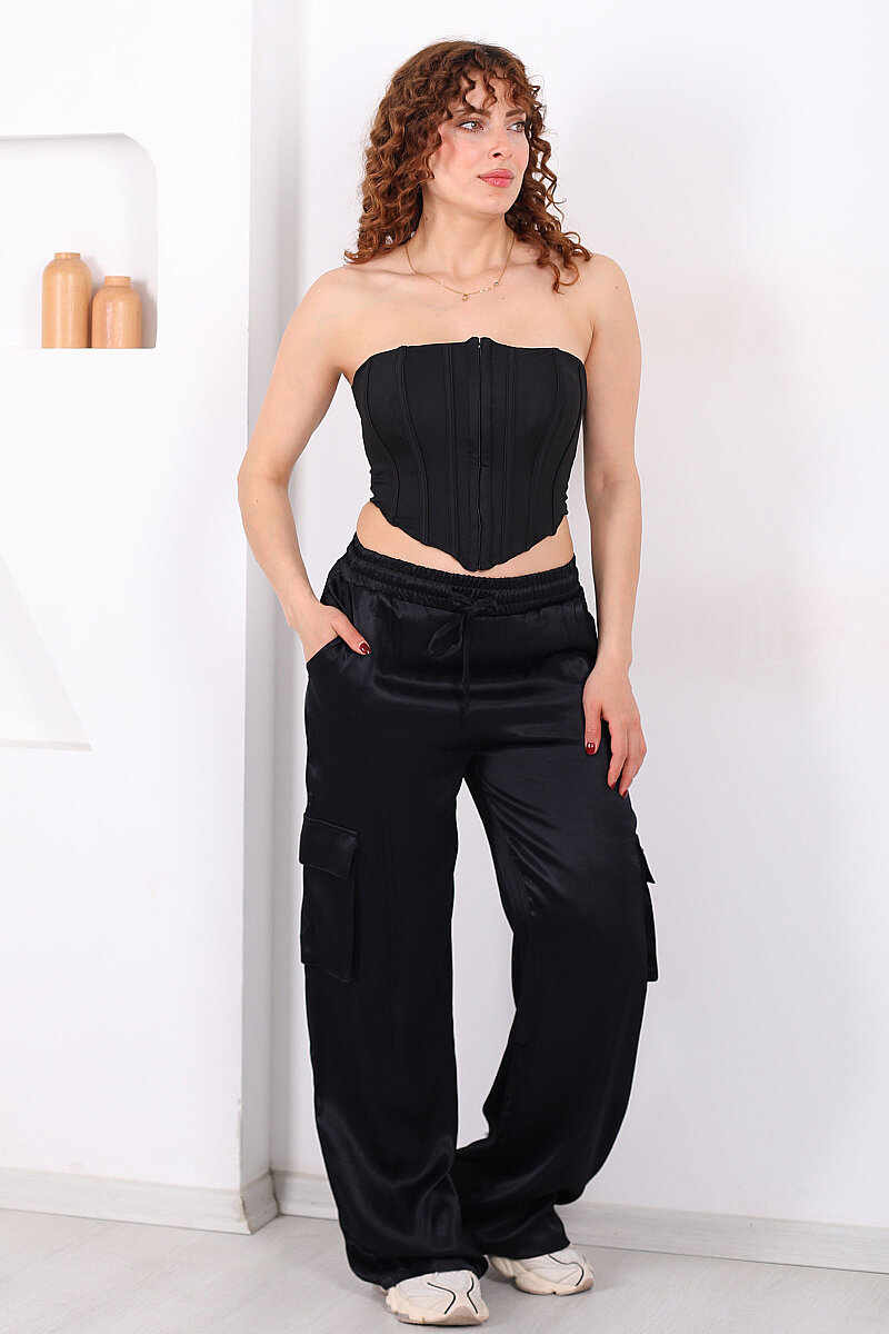 Beli Lastikli Kargo Cepli Siyah Kadın Saten Pantolon - 1