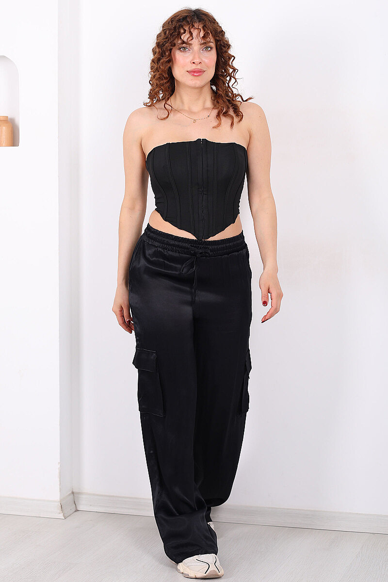 Beli Lastikli Kargo Cepli Siyah Kadın Saten Pantolon - 6