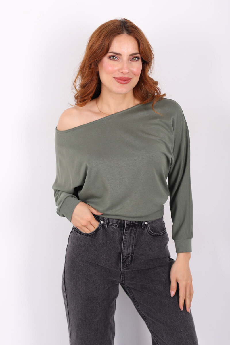 Beli Lastikli Kayık Yaka Çağla Yeşili Kadın Modal Bluz - 3