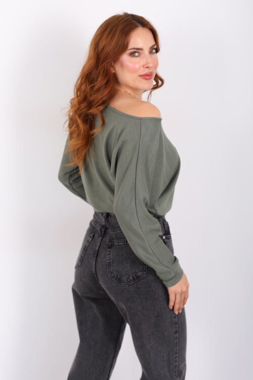 Beli Lastikli Kayık Yaka Çağla Yeşili Kadın Modal Bluz - 5