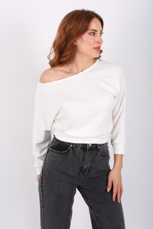 Beli Lastikli Kayık Yaka Ekru Kadın Modal Bluz - 3