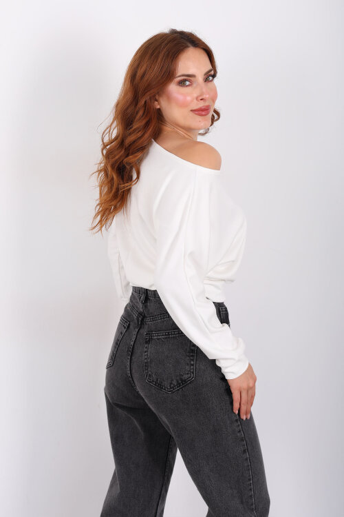 Beli Lastikli Kayık Yaka Ekru Kadın Modal Bluz - 5