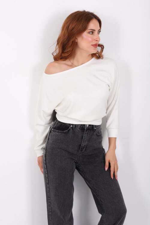 Beli Lastikli Kayık Yaka Ekru Kadın Modal Bluz - 6