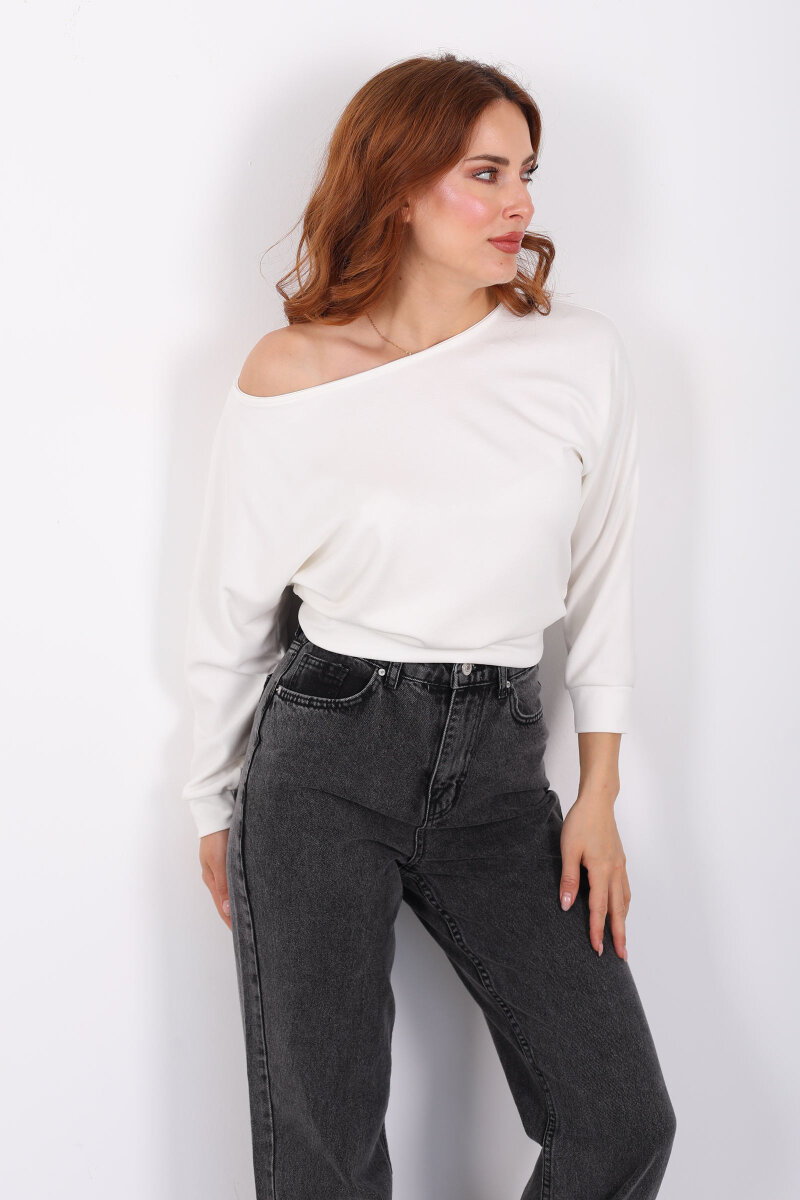 Beli Lastikli Kayık Yaka Ekru Kadın Modal Bluz - 6