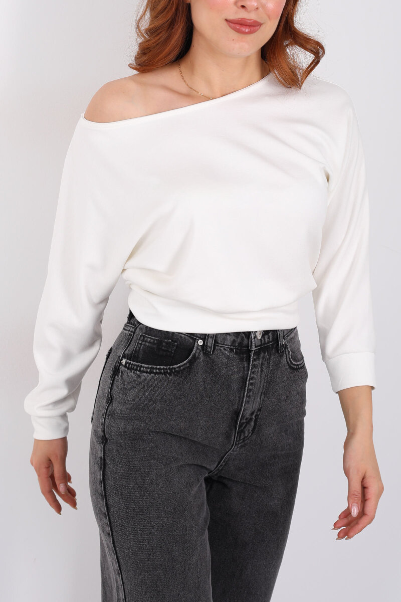 Beli Lastikli Kayık Yaka Ekru Kadın Modal Bluz - 2