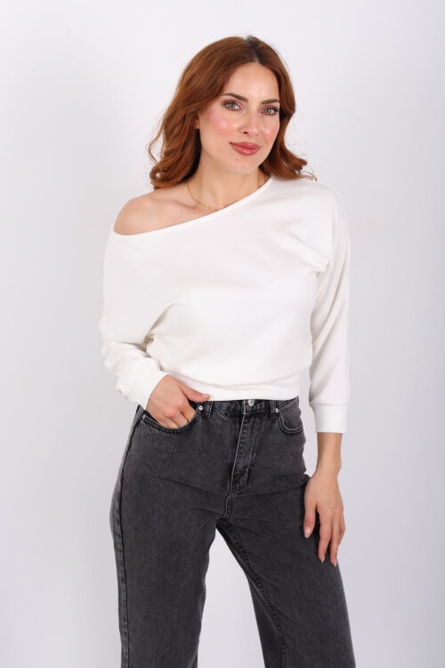 Beli Lastikli Kayık Yaka Ekru Kadın Modal Bluz - Berox