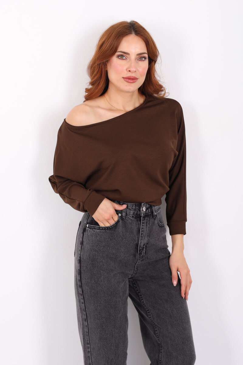 Beli Lastikli Kayık Yaka Kahverengi Kadın Modal Bluz - 1