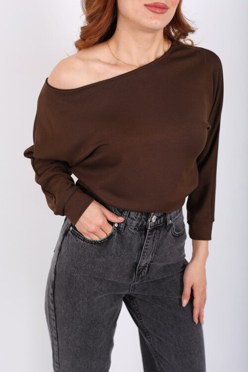 Beli Lastikli Kayık Yaka Kahverengi Kadın Modal Bluz - Berox (1)