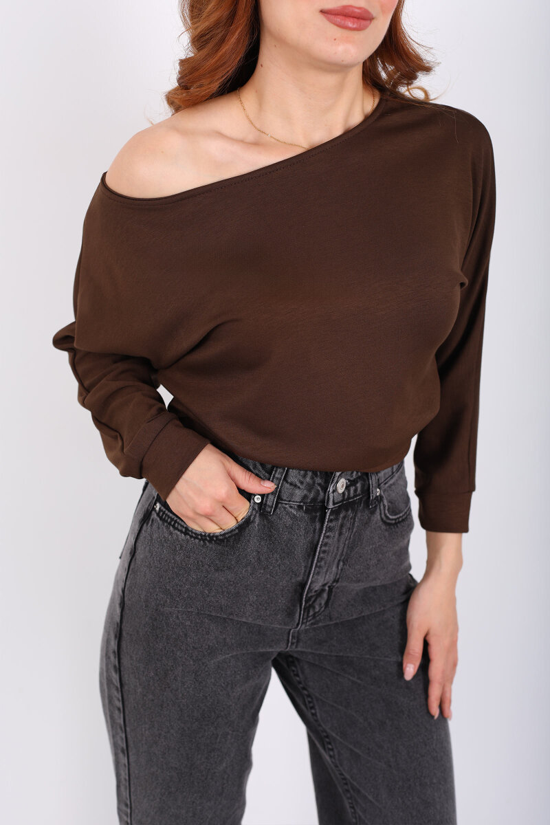 Beli Lastikli Kayık Yaka Kahverengi Kadın Modal Bluz - 2