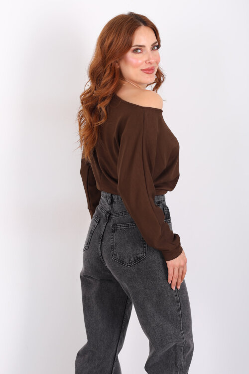 Beli Lastikli Kayık Yaka Kahverengi Kadın Modal Bluz - 5