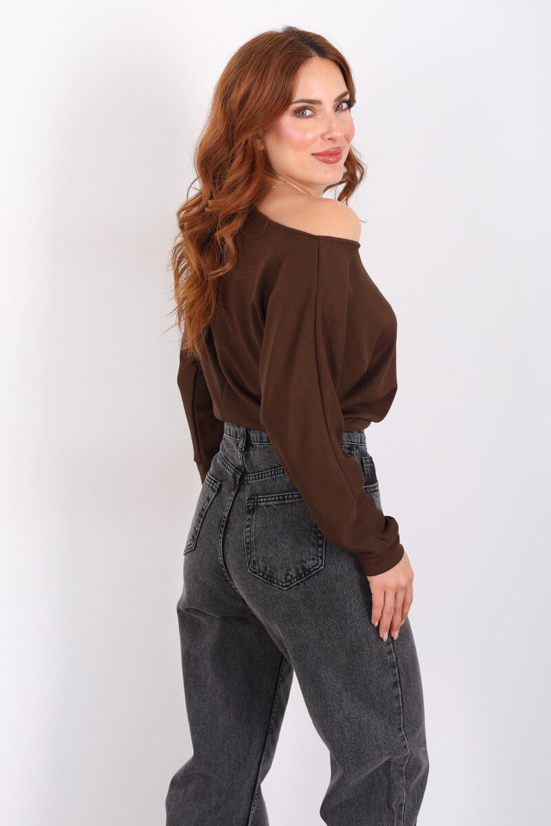 Beli Lastikli Kayık Yaka Kahverengi Kadın Modal Bluz - 5