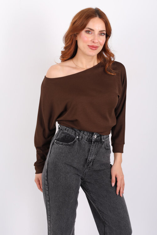 Beli Lastikli Kayık Yaka Kahverengi Kadın Modal Bluz - 6