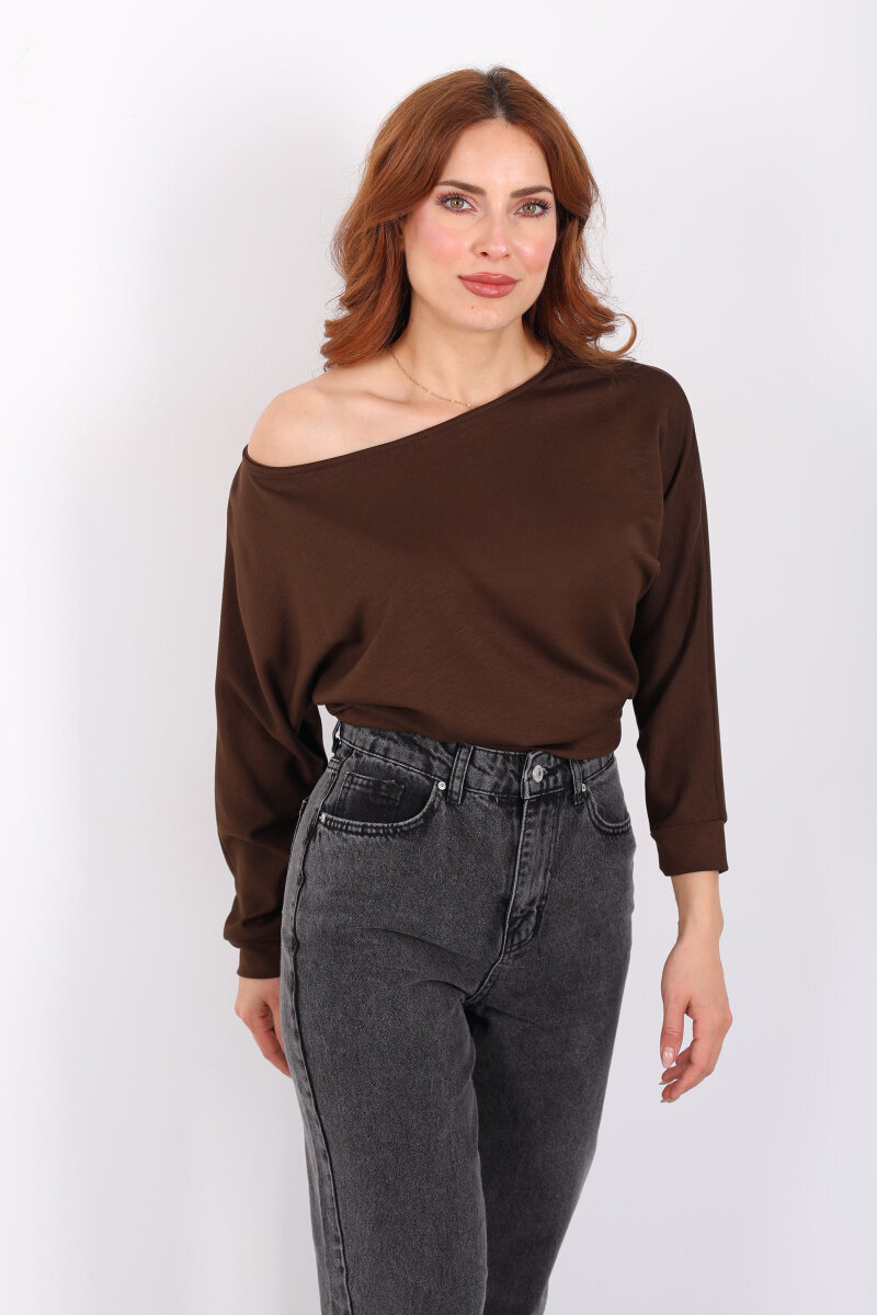 Beli Lastikli Kayık Yaka Kahverengi Kadın Modal Bluz - 3