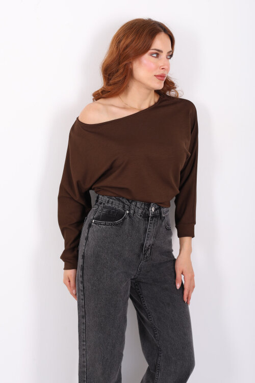 Beli Lastikli Kayık Yaka Kahverengi Kadın Modal Bluz - 4
