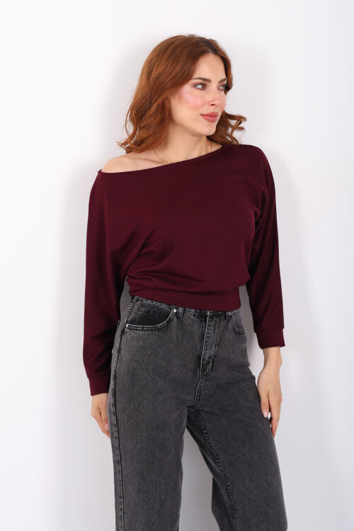 Beli Lastikli Kayık Yaka Mürdüm Kadın Modal Bluz - 6