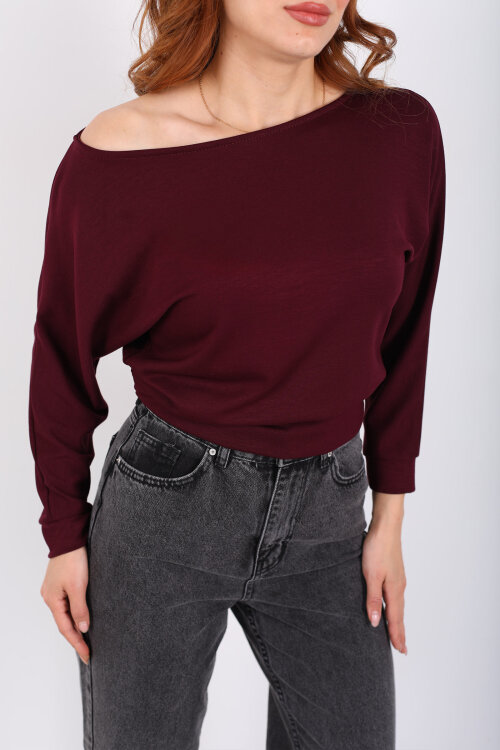 Beli Lastikli Kayık Yaka Mürdüm Kadın Modal Bluz - Berox (1)