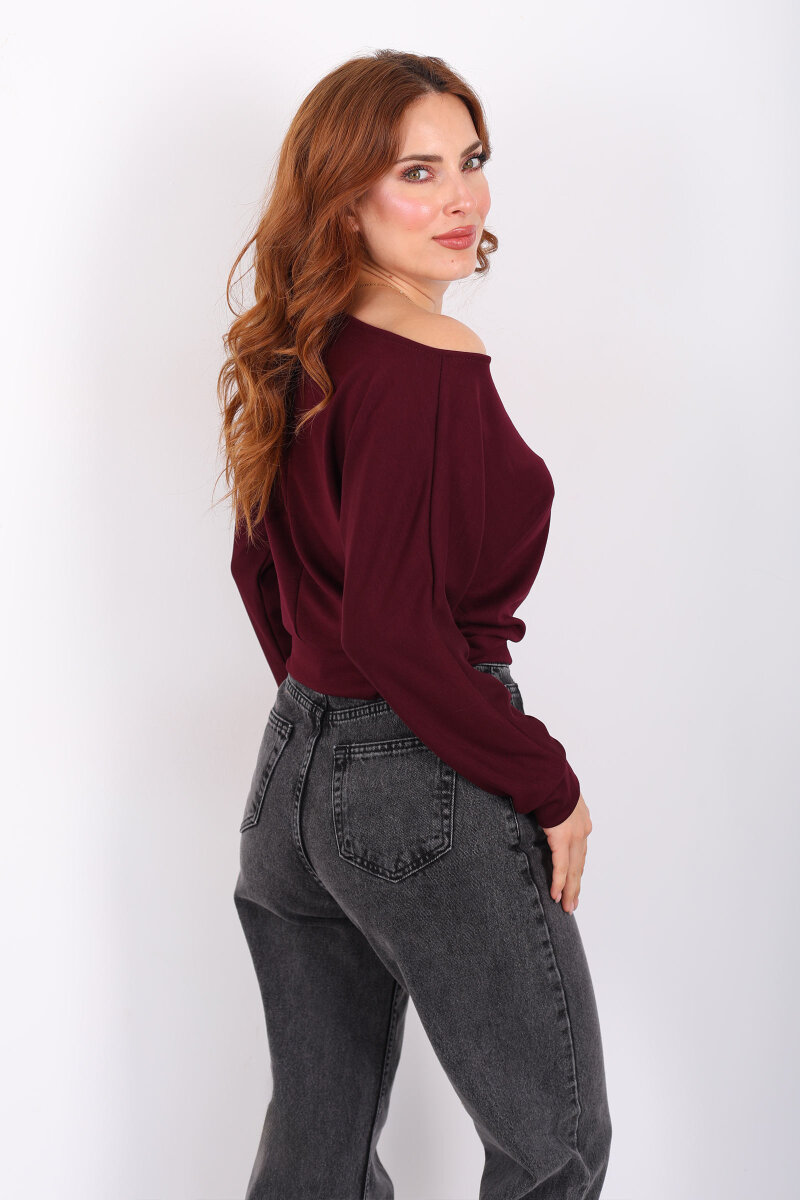 Beli Lastikli Kayık Yaka Mürdüm Kadın Modal Bluz - 5