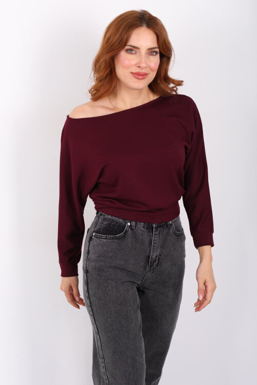 Beli Lastikli Kayık Yaka Mürdüm Kadın Modal Bluz - 3