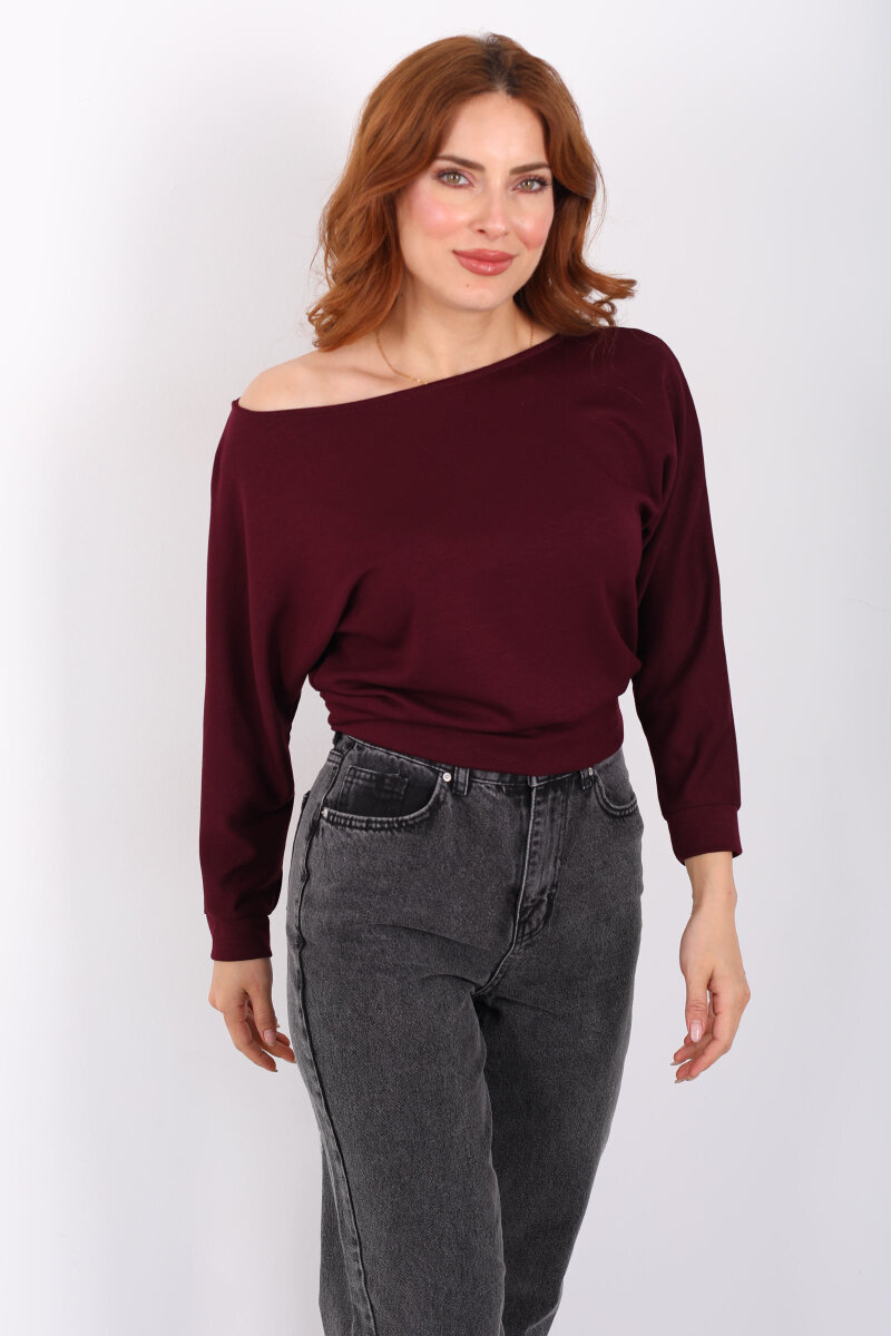 Beli Lastikli Kayık Yaka Mürdüm Kadın Modal Bluz - 3