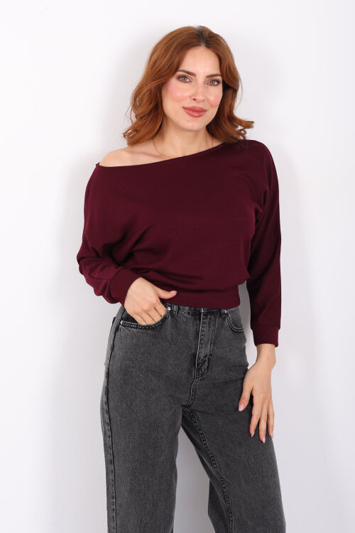 Beli Lastikli Kayık Yaka Mürdüm Kadın Modal Bluz - 4