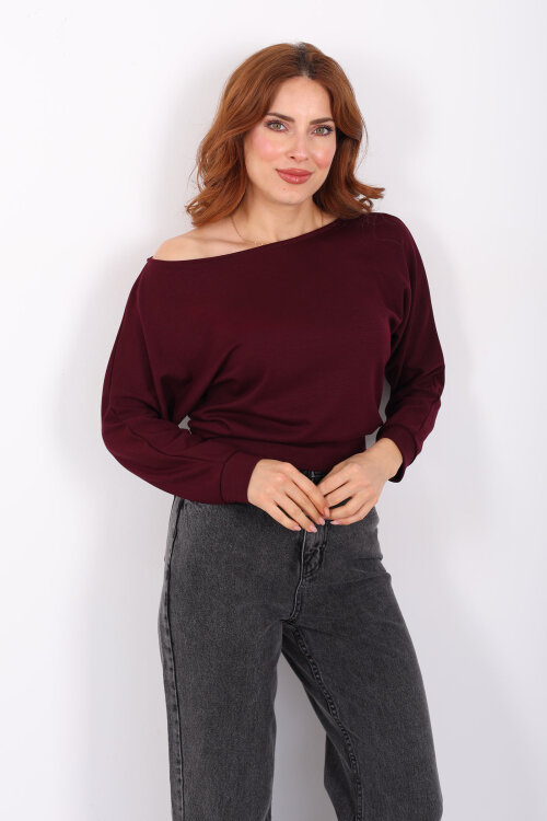 Beli Lastikli Kayık Yaka Mürdüm Kadın Modal Bluz - Berox