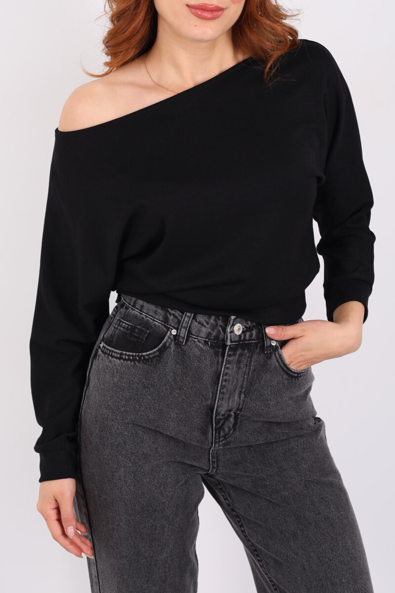 Beli Lastikli Kayık Yaka Siyah Kadın Modal Bluz - 2