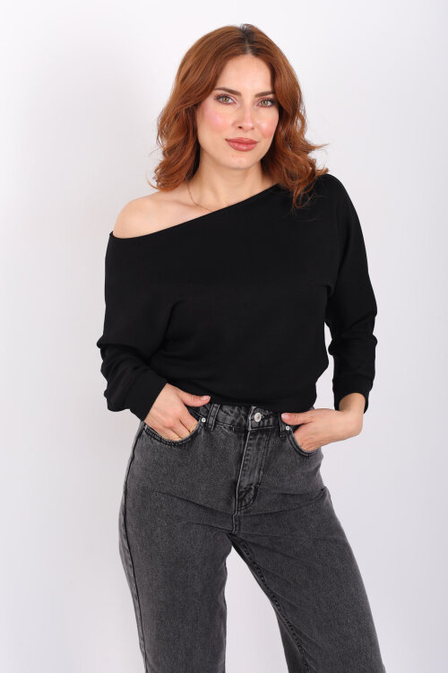 Beli Lastikli Kayık Yaka Siyah Kadın Modal Bluz - Berox