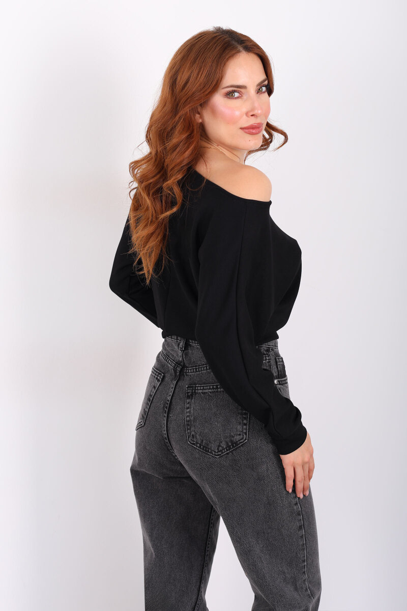 Beli Lastikli Kayık Yaka Siyah Kadın Modal Bluz - 5