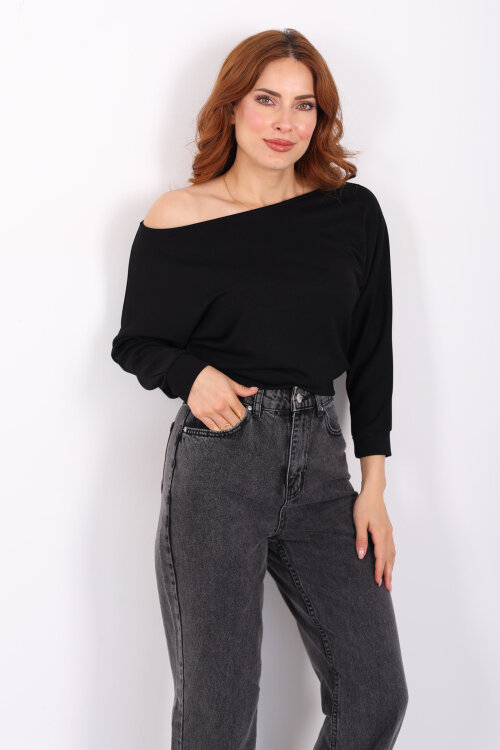 Beli Lastikli Kayık Yaka Siyah Kadın Modal Bluz - 4