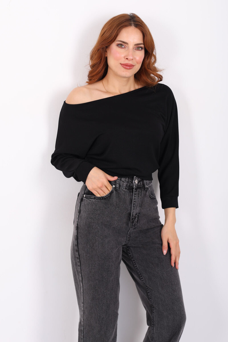 Beli Lastikli Kayık Yaka Siyah Kadın Modal Bluz - 4