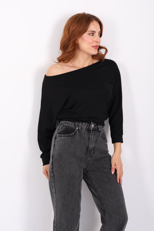 Beli Lastikli Kayık Yaka Siyah Kadın Modal Bluz - 6