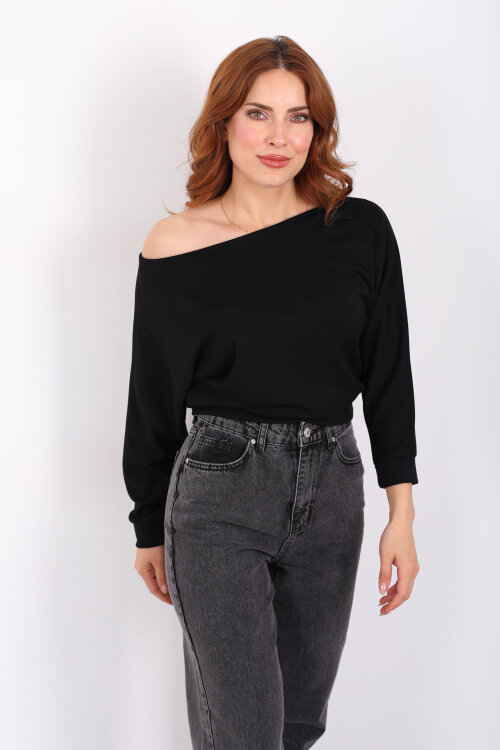 Beli Lastikli Kayık Yaka Siyah Kadın Modal Bluz - 3