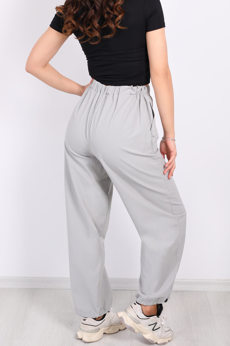 Beli Lastikli Kemer Tokalı Gri Kadın Poplin Pantolon - 5