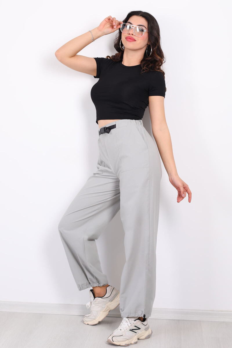 Beli Lastikli Kemer Tokalı Gri Kadın Poplin Pantolon - 3