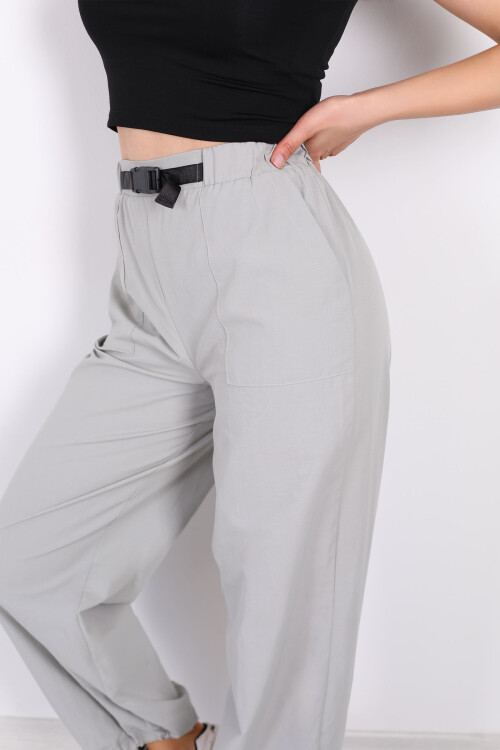 Beli Lastikli Kemer Tokalı Gri Kadın Poplin Pantolon - 4